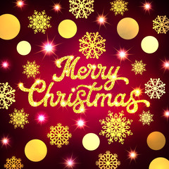 Merry Christmas hand lettering inscription on Xmas background with circles, snowflakes and glittering gold texture text on pink backdrop. Seasons greetings card design. Font vector illustration.