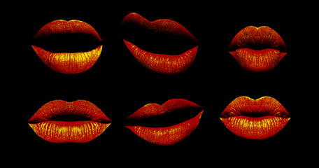 Woman's lip set. Girl mouth close up with red lipstick makeup expressing different emotions. Mouth with teeth, smile, tongue isolated on black background. Collection in different expressions
