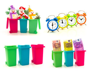 Fototapeta na wymiar Set of colorful recycle bins with euro money, funny snowmen with