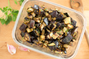Diced eggplant with garlic and parsley