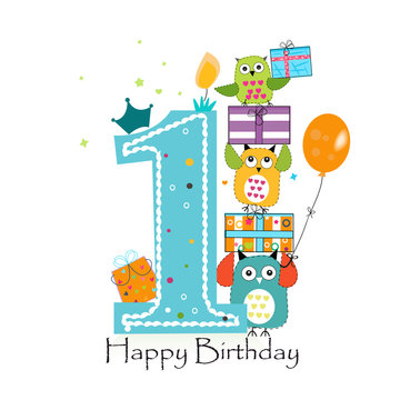 Happy first birthday with owls and gift box
