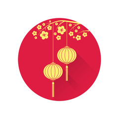 Chinese lantern and cherry blossom flat icon.