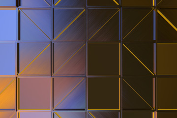 Wall of brushed metal tiles with diagonal glowing elements