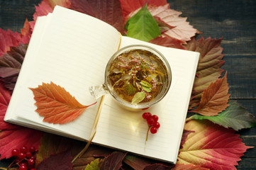 Herbal tea in a glass transparent cup and open pure notebook on autumn leaves. Herbal tea. Traditional medicine.