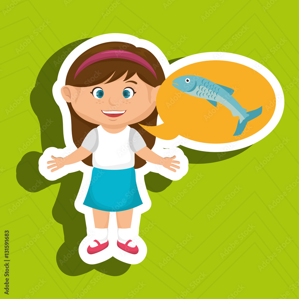 Poster girl cartoon food fish fresh vector illustration eps 10