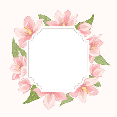 Floral wreath garland border frame. Hellebore sakura magnolia blooming pink flowers. Detailed vector design illustration. Christmas winter rose. Invitation card template.