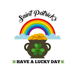 Saint Patrick's Day card with pot with gold coins and rainbow icon over white background. colorful design. vector illustration