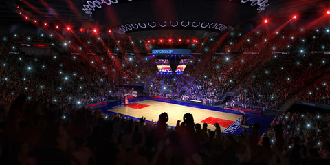 Basketball court with people fan. Sport arena.Photoreal 3d rende - obrazy, fototapety, plakaty