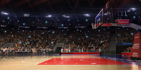 Basketball court with people fan. Sport arena.Photoreal 3d rende - obrazy, fototapety, plakaty