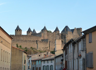 Fototapeta na wymiar View of the big Castle of Carcassonne at sunset from the town, France. Copy space.