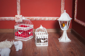 Christmas decoration with white bear, cage and lamp