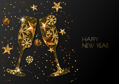 Happy New Year vector greeting card with two gold champagne glass. Holiday glowing black background with golden stars and snowflakes. Concept for New Year banner, poster, flyer, party invitation.