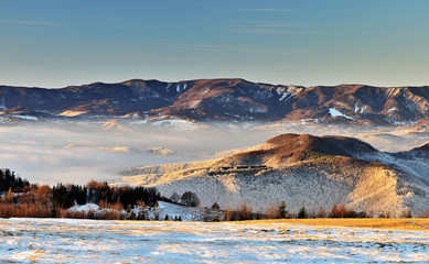 Landscape with trees and fog. Winter inversion in Slovakia. Freeze land. Low sky scenery at sunrise.