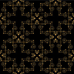 Golden grid on black background seamless pattern