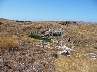 View of Delos island: the most big archaeological site of Cyclades archipelago. Greece.