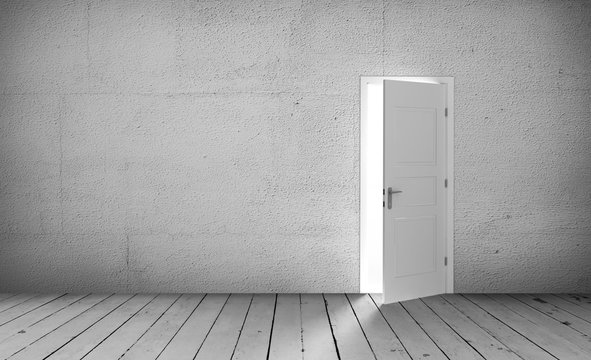 Open white door in a empty white room. 3D illustration
