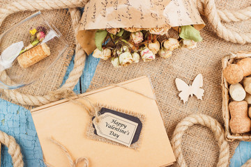 Fototapeta na wymiar Dried flowers, present box and different decorations
