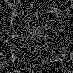 Vector monochrome seamless pattern, curved lines, black & white background. Dark abstract dynamical rippled surface, visual halftone 3D effect, illusion of movement. Design for prints, digital, web