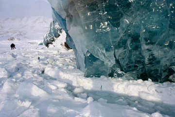 At the foot of the glacier. This is the glacier Nordenskiöldbreen near Pyramiden, on the coast of Billefjord, Svalbard.