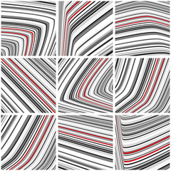 Set of striped patterns with black-and-white and red thin strips