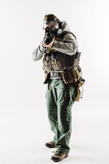 rebel with gas mask and rifles against a white background