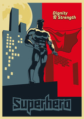 Superhero looks into the distance. Blue and red graphic poster.