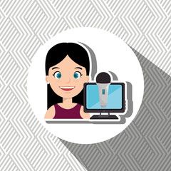 woman cartoon speak microphone screen pc vector illustration