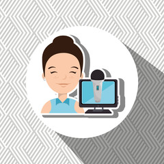 woman cartoon speak microphone screen pc vector illustration