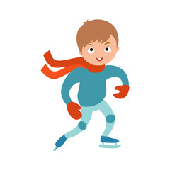 Pretty cheerful little boy thermal suits skating outdoors vector.