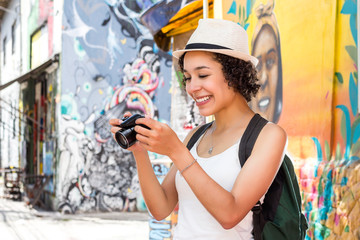 traveller checking photographs