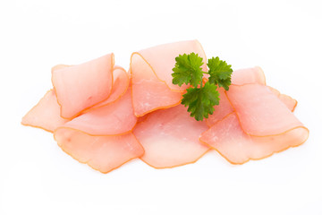 Sliced ham isolated on white background, top view.