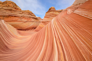 In The Wave - Close-up  view of The Wave, a dramatic erosional sandstone rock formation located in North Coyote Buttes area of Paria Canyon-Vermilion Cliffs Wilderness, at Arizona-Utah border. 