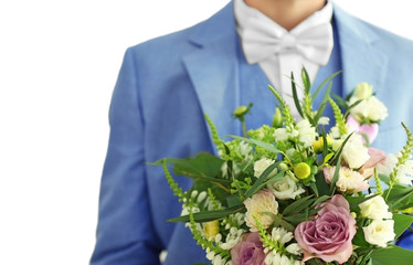 Groom with beautiful bouquet, closeup