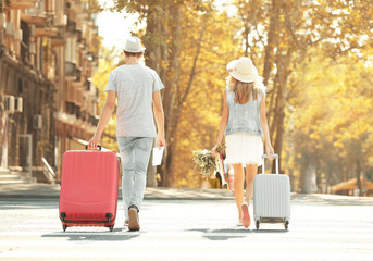 Just married couple with suitcases walking back in the street