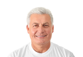 Senior handsome man on white background
