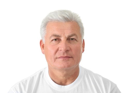 Senior handsome man on white background