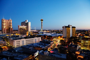 San Antonio downtown just after sunset showing skyline around Tower of the Americas & Alamodome - obrazy, fototapety, plakaty