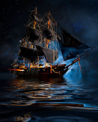 Model piratenschip met mist en water