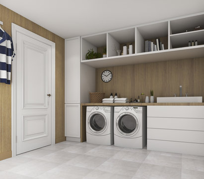 3d rendering wood laundry room with loft style