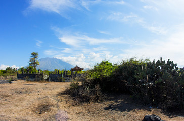 Fototapeta premium Landscape with Agung Volcano with Balinese temple and Cactus bus