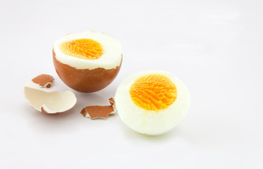 boiled egg slice haft on white background