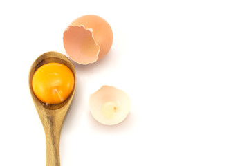 Put raw eggs in a wooden spoon  on white background