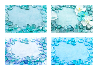 Set of blue glass drops aqua backgrounds