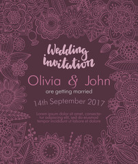 Wedding invitation with hand drawn flowers, leaves and branches