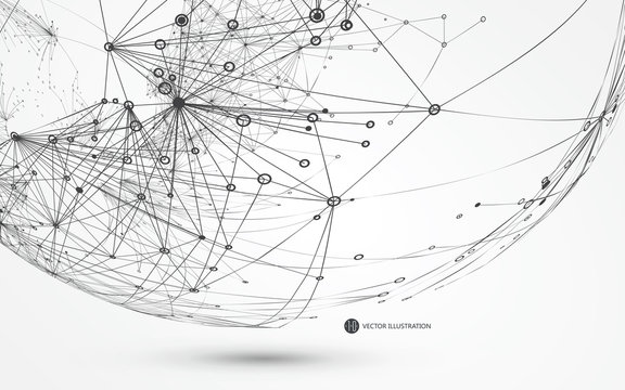 Dotted lines connected to the abstract graphics, network connections.