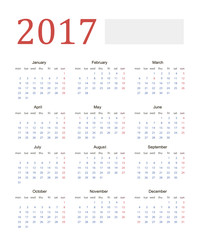 Calendar 2017 simple minimalistic with a place for picture, vector eps10 illustration