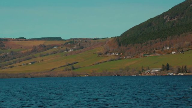 A boat trip shot along Loch Ness in Scotland, UK