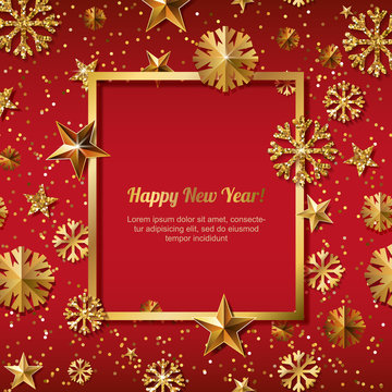 New Year concept. 3d gold stars and snowflakes with square frame on red background with place for text. Vector illustration. Design for for banner, flyer, party invitation, holiday greeting card.