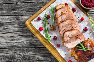 delicious roast  in oven turkey roulade cut in slices