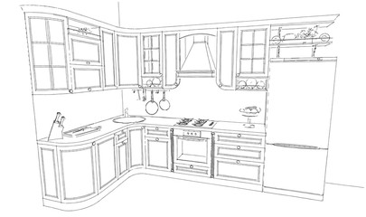 3d sketch drawing of classic kitchen